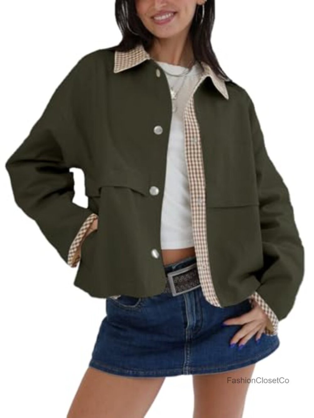 Womens Gingham Cropped Jacket Lightweight Lapel Short Trench Coat